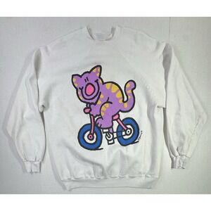 Vintage 90s Gummy Cat on Bike Sweatshirt Tultex XL White Graphic 90s Art